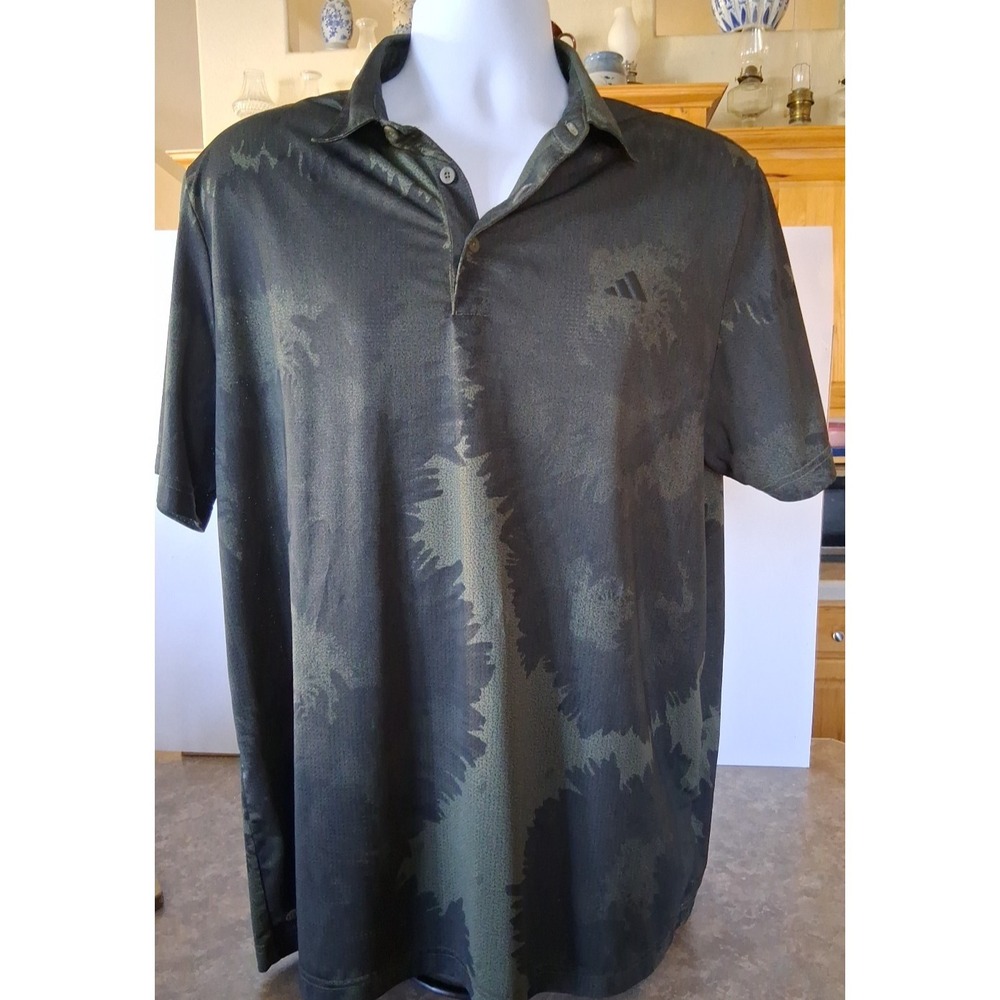 Adidas Large 100% Polyester Moss Green Print Short Sleeve